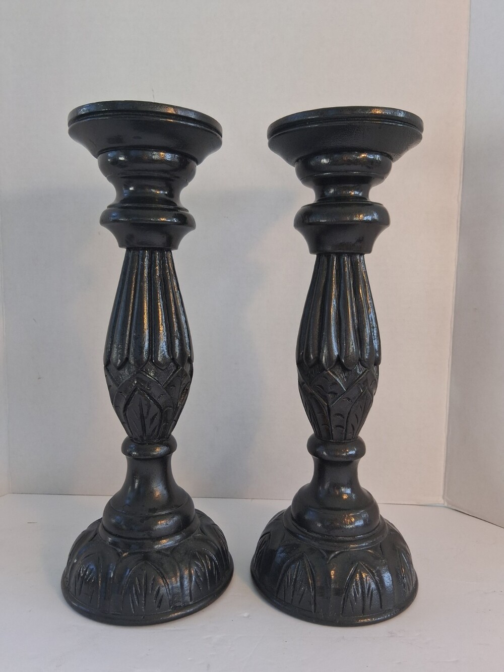 'Two's Company' Wood Candlesticks; Deep Ebony Stained;Ornate Details;14"H; India